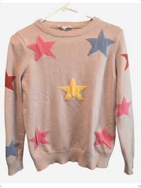 THML From Anthropologie Cream Crewneck Sweater with Multicolor Star Appliqués